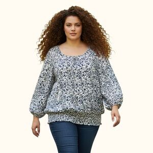 George Blue Floral Peasant Blouse Smocked Waist Plus Size 3X